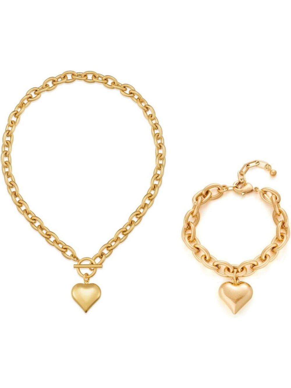 Heart Pendant Necklace & Chunky Link Charm Bracelet Set - Trendy Jewelry Gift